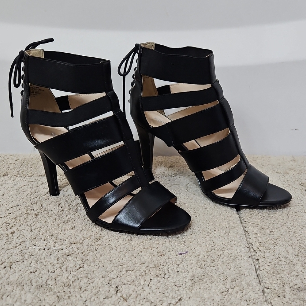 Nine West Dream Team Black Lace Up Stilettos Heels Sandals Size 8